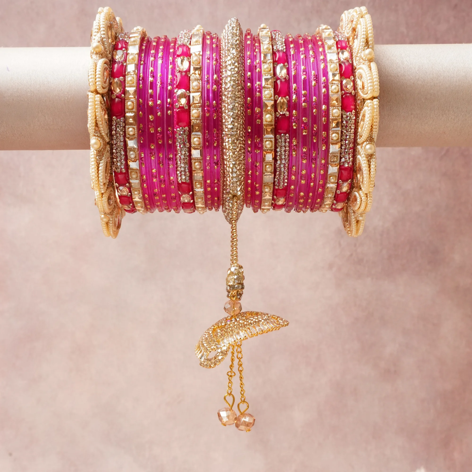 A commanding Fuchsia anchors this beautiful set, enriched with accents of Gold, Clear, Cream, Ruby Red, Amber that add depth and dimension.

Featuring a striking composition of Glass, Gold-toned Metal, Faux Pearls, Rhinestones, Red Enamel, Faceted Glass, this set carries intricate craftsmanship and strong presence. Grand in form, it is created for moments that deserve to be marked.